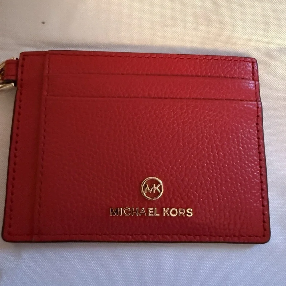 Michael Kors Crimson Red Jet Set Charm Small Leather ID Chain Card Holder $128